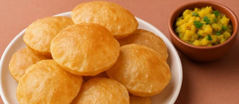 Golden crispy puris served with spicy aloo curry at Miyapur Famous Puri in Hyderabad