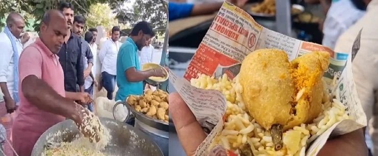 Uggani Bajji street food cart in Yemmiganuru serving hot puffed rice uggani with crispy mirchi bajji