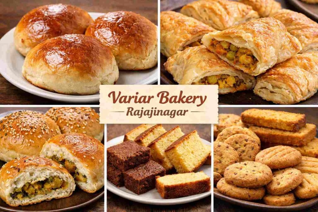 Collage of famous bakery items from Variar Bakery Rajajinagar Bengaluru including sweet buns, khara buns, vegetable puffs, cake slices, and biscuits.