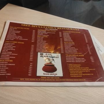 Sree Divya Family Restaurant menu card displaying veg, non-veg, biryani, and traditional food items in Kurnool