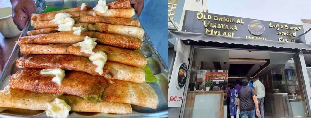 Butter masala dosa at Hotel Original Vinayaka Mylari with restaurant exterior in Mysore