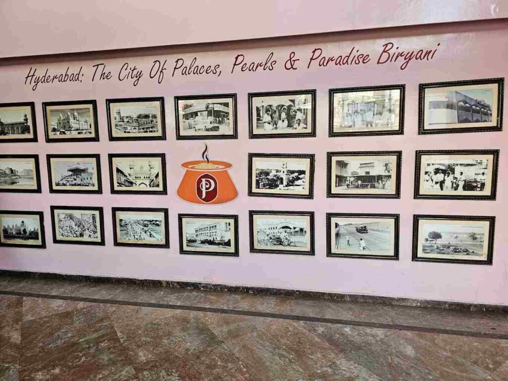 Heritage photo gallery wall inside Paradise Biryani Secunderabad restaurant