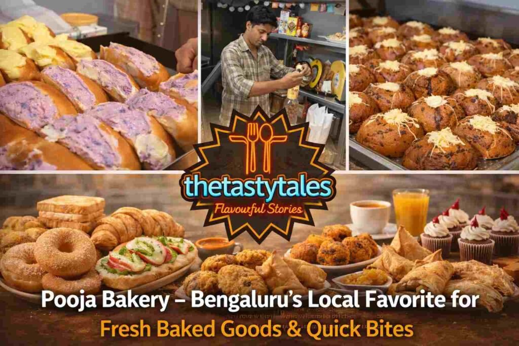 Pooja Bakery Bengaluru fresh buns with cream filling, baked bread, pastries and snack items collage with The Tasty Tales branding