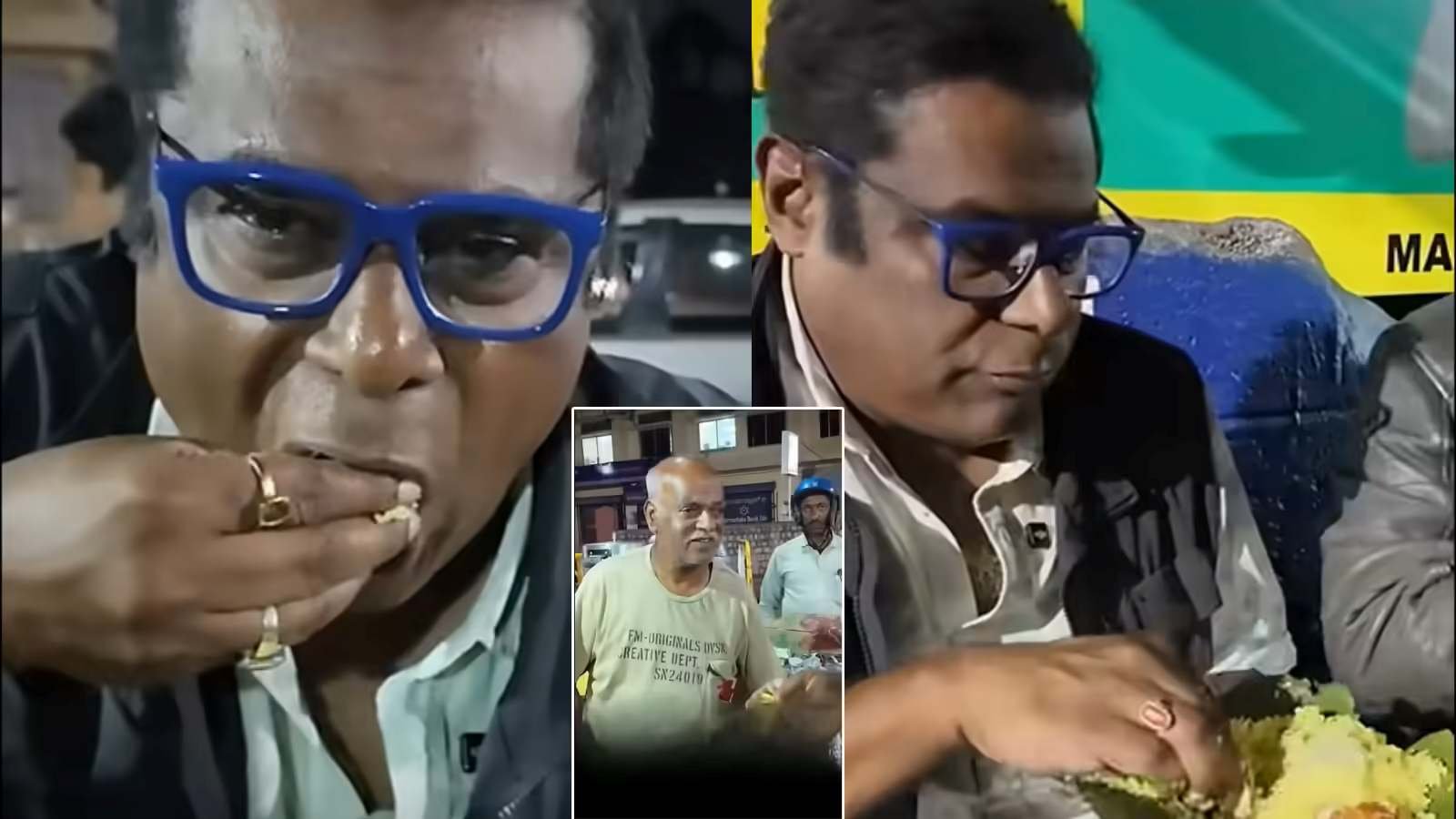 Actor Ashish Vidyarthi tasting Chitranna lemon rice at a roadside cart in Mysuru