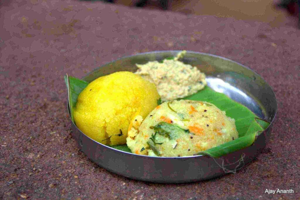 Chow Chow Bath at Sri Raghavendra Stores Malleshwaram served on banana leaf with coconut chutney
