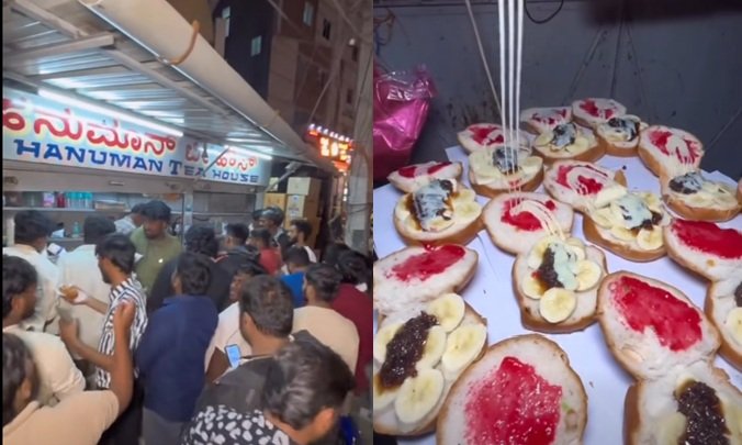 Crowd gathered at Hanuman Tea House Madiwala near Ramalaya Temple with viral bun butter jam topped with gulkand and banana slices.