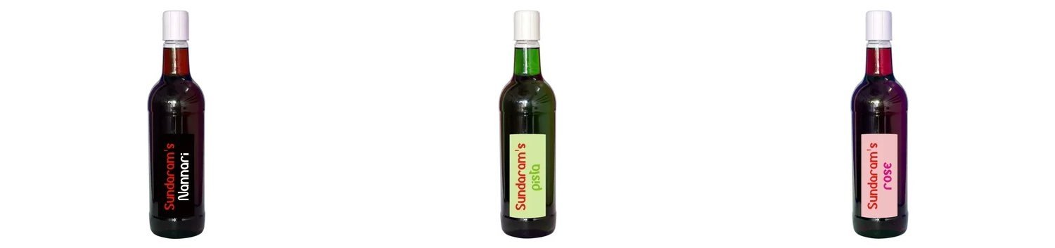 Sundaram Cool Drinks Hindupur Nannari, Pista and Rose syrup bottles