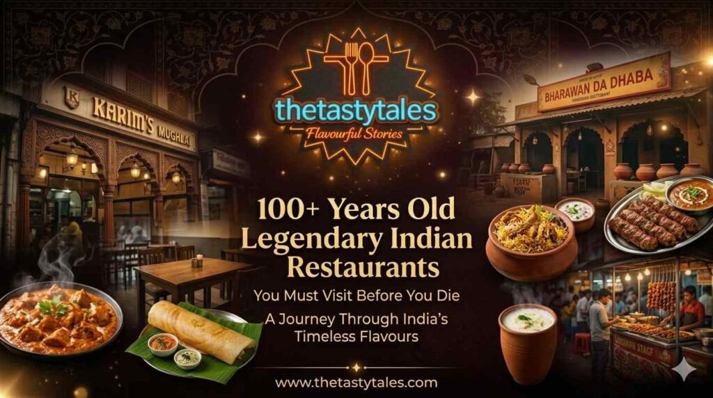 100+ years old legendary Indian restaurants collage featuring Karim’s Delhi, Bharawan Da Dhaba Amritsar, dosa, kebabs, butter chicken and Indian street food