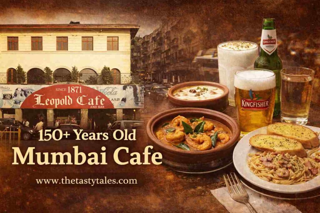 Leopold Cafe Mumbai exterior with food collage butter chicken prawns pasta beer 150 years old cafe