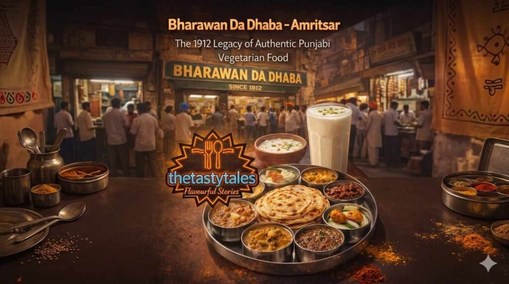 Bharawan Da Dhaba Amritsar 1912 iconic Punjabi vegetarian thali with lassi and traditional dishes served in heritage restaurant setting