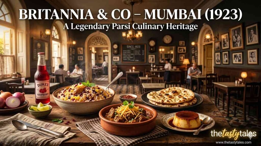 Britannia & Co Restaurant Mumbai exterior with vintage colonial architecture, glowing evening lights, and The Tasty Tales branding
