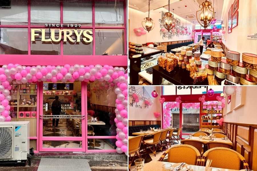 Flurys Kolkata interior bakery display Park Street cafe ambiance
