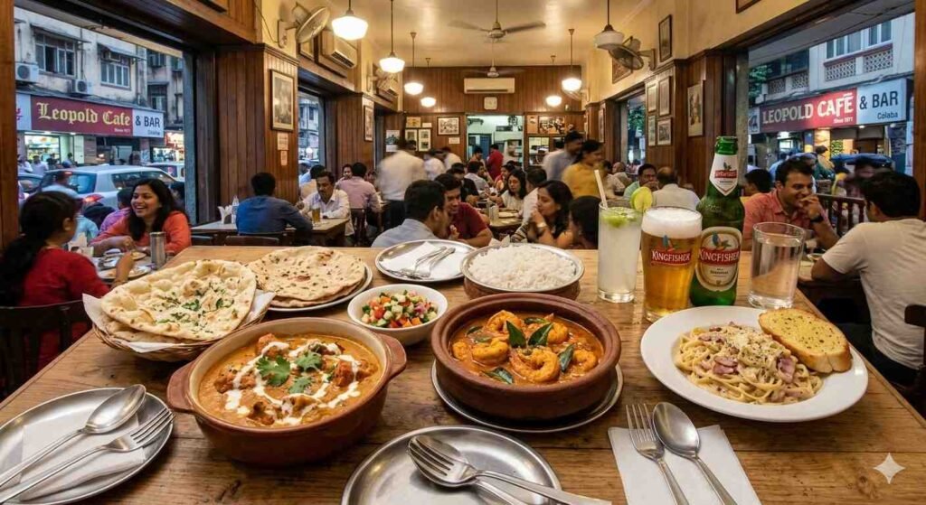 Leopold Cafe Mumbai food spread butter chicken prawn curry naan beer interior Colaba