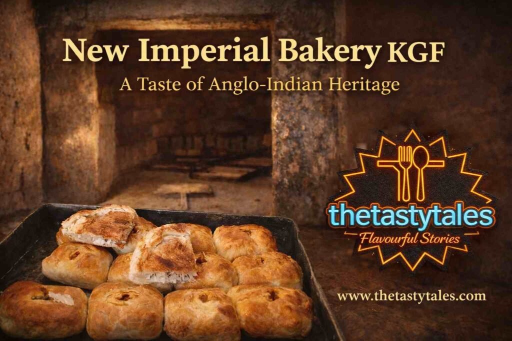 New Imperial Bakery KGF featured image showing freshly baked Anglo-Indian pastries in front of a traditional oven with The Tasty Tales logo and website branding