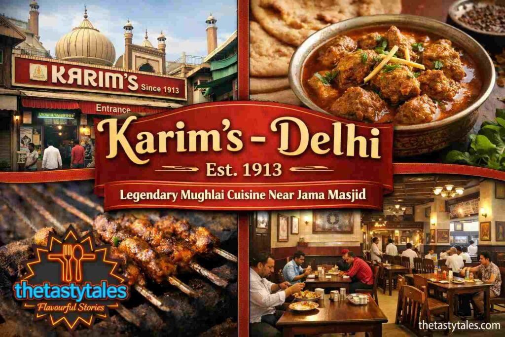 Karim’s Delhi famous Mughlai restaurant collage showing kebabs, restaurant interior, and exterior near Jama Masjid.