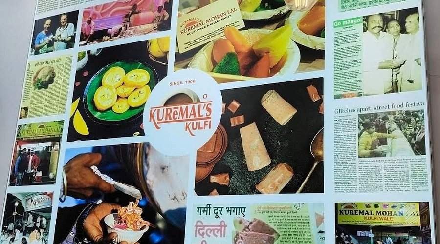Collage showing the history and famous kulfi varieties of Kuremal Mohan Lal Kulfi Wale in Old Delhi since 1906