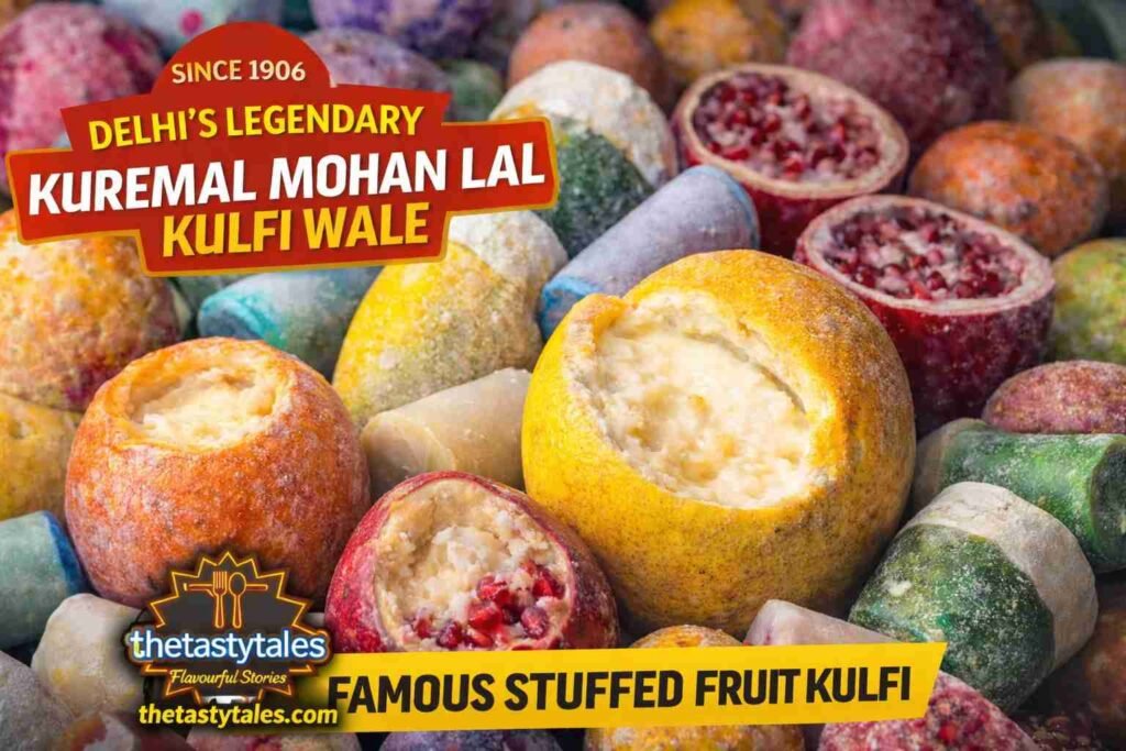 Stuffed fruit kulfi varieties from Kuremal Mohan Lal Kulfi Wale in Old Delhi, a legendary kulfi shop since 1906