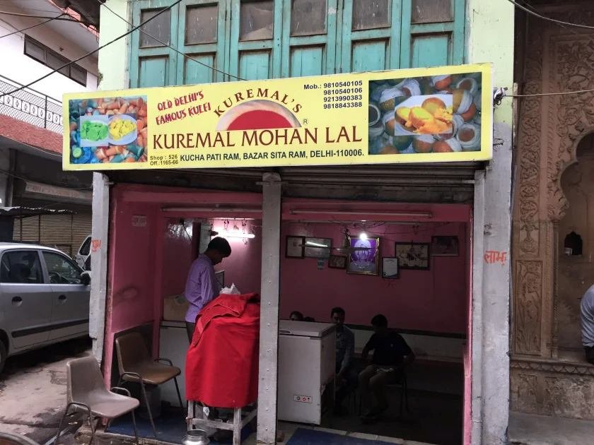 Exterior view of Kuremal Mohan Lal Kulfi Wale shop in Bazar Sita Ram, Old Delhi