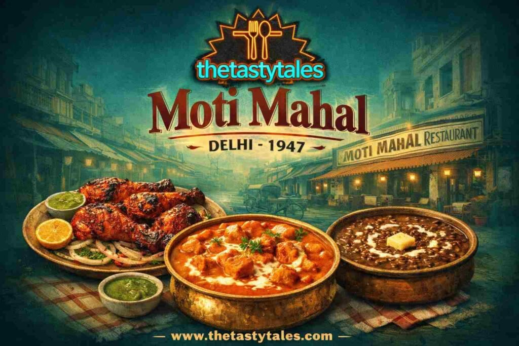 Moti Mahal Delhi 1947 poster featuring butter chicken, tandoori chicken and dal makhani with vintage Old Delhi background