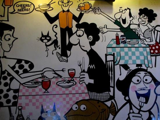 Mario Miranda mural artwork inside Cafe Mondegar Mumbai cartoon wall art