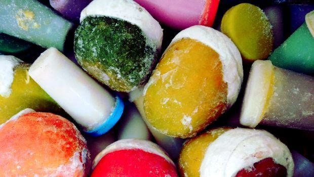 Colorful stuffed fruit kulfi varieties from Kuremal Mohan Lal Kulfi Wale in Chandni Chowk Delhi