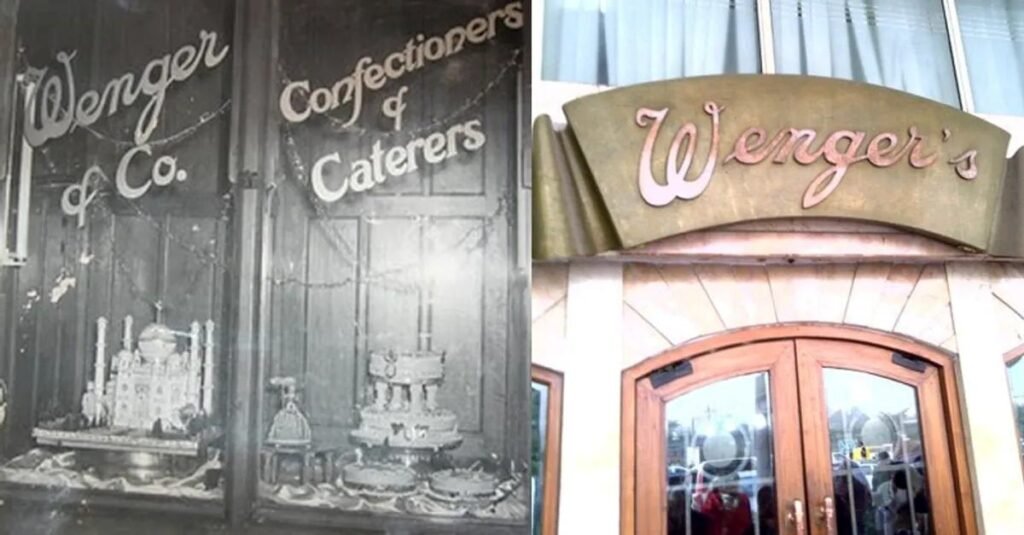 Historic and modern views of Wenger’s bakery entrance in Connaught Place, Delhi.