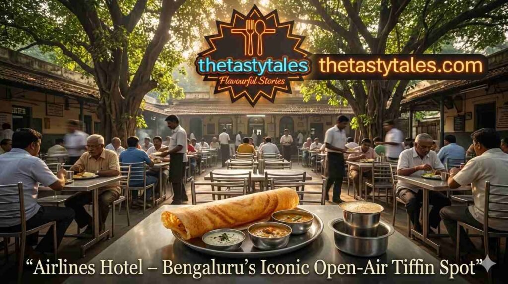 Airlines Hotel Bengaluru open air dining with masala dosa and filter coffee under trees featured image thetastytales