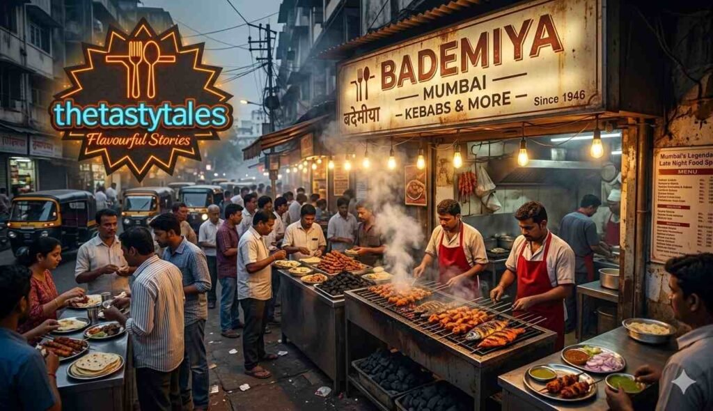 Bademiya Mumbai street food stall serving kebabs with crowd enjoying food at night