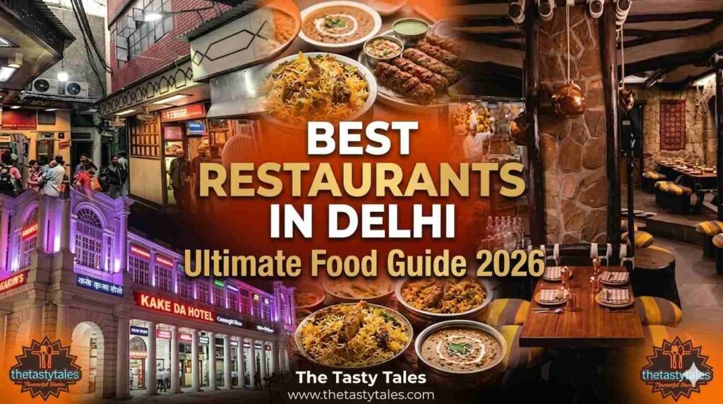Best restaurants in Delhi collage featuring Karim’s, Bukhara, Kake Da Hotel and popular Delhi food dishes