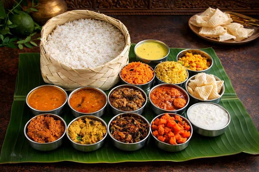 Butta Bhojanam at Subbayya Gari Hotel with rice basket and multiple Andhra dishes