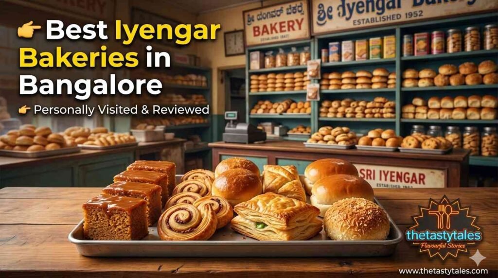 Best Iyengar bakeries in Bangalore featuring honey cake, dilpasand, buns and puffs inside a traditional bakery setting