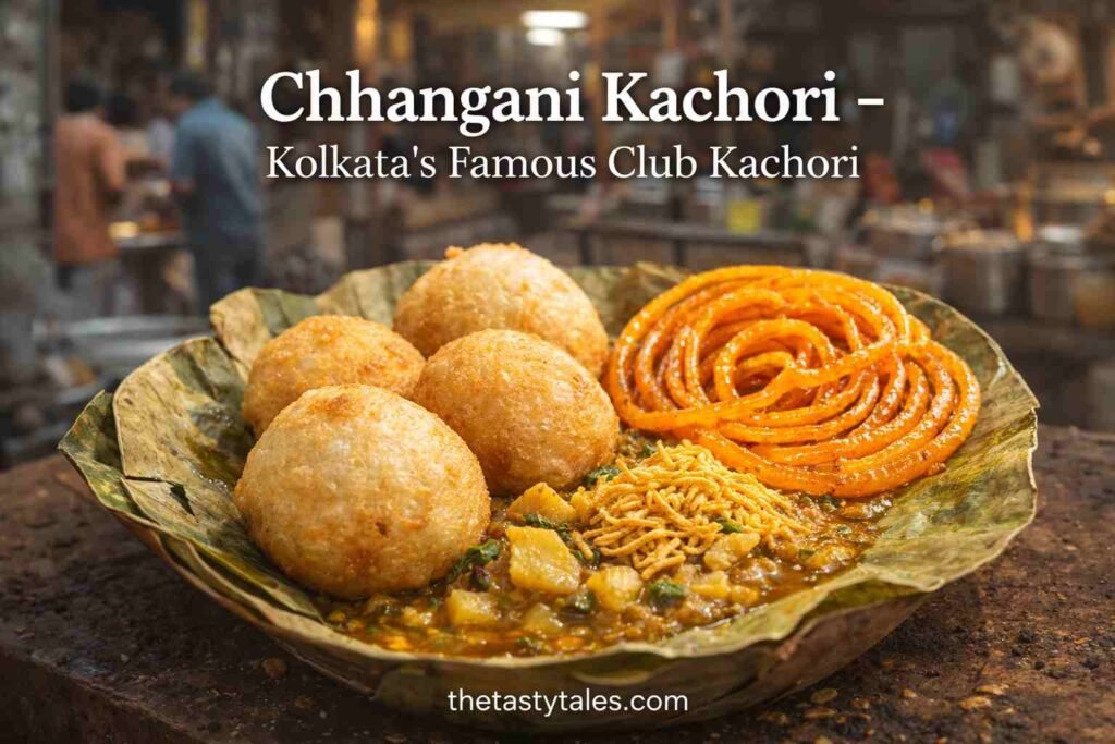 Chhangani Kachori Kolkata club kachori with aloo curry bhujiya and jalebi served on leaf plate