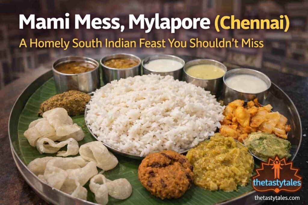 Traditional South Indian banana leaf meal at Mami Mess Mylapore Chennai with rice, sambar, rasam, poriyal and appalam