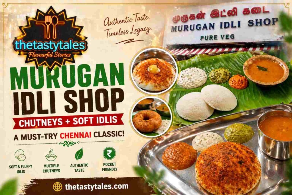 Murugan Idli Shop Chennai featured image with soft idlis, chutneys, podi idli and The Tasty Tales logo