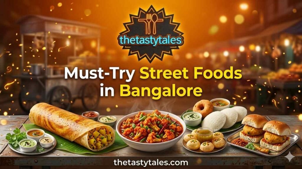 Must-try street foods in Bangalore including masala dosa, gobi manchurian, idli, vada, pani puri, and vada pav with The Tasty Tales logo and website
