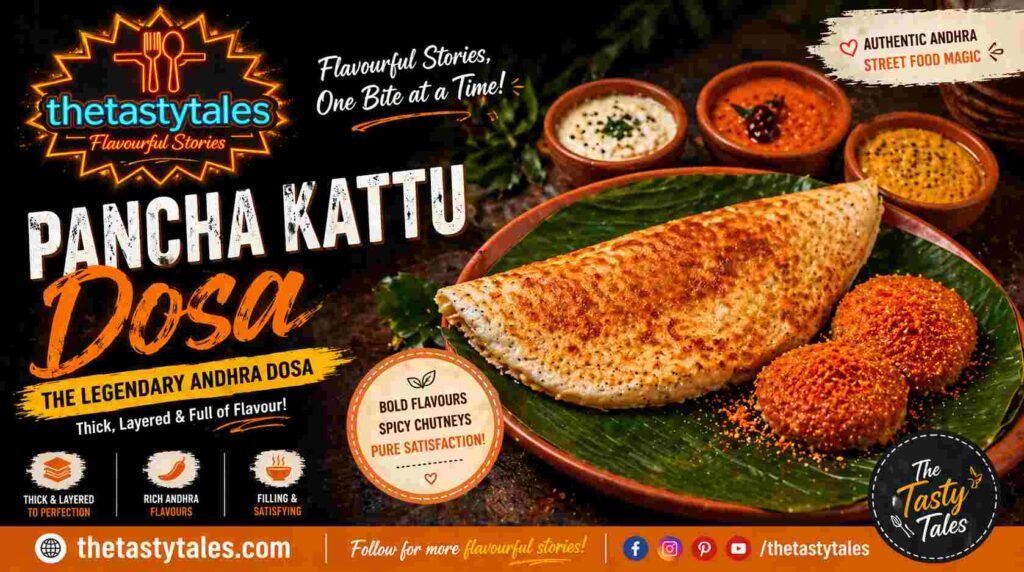 Pancha Kattu Dosa featured image with chutneys, Andhra style dosa on banana leaf and The Tasty Tales branding
