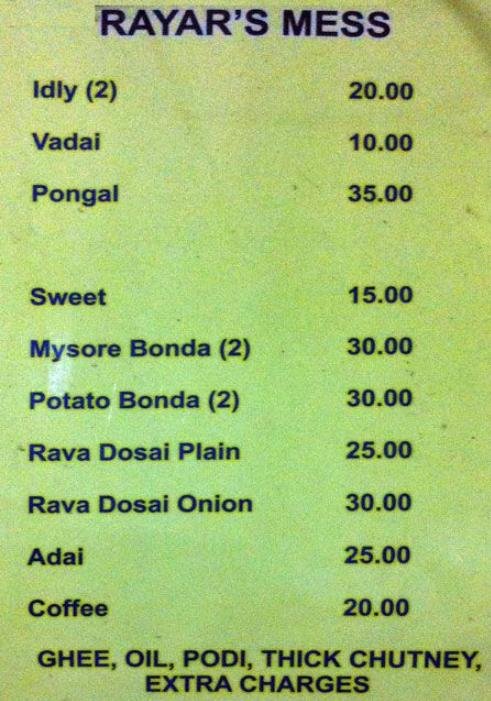 Rayar’s Mess Mylapore menu with prices for idli dosa pongal coffee Chennai
