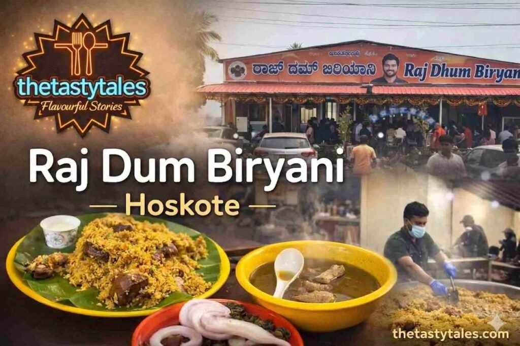 Raj Dum Biryani Hoskote Bangalore famous early morning biryani shop with steaming dum biryani and crowd outside
