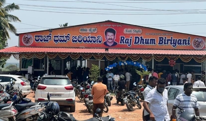 Crowd gathered outside Raj Dum Biryani Hoskote restaurant near toll plaza Bangalore
