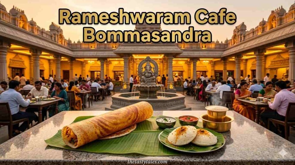 Rameshwaram Cafe Bommasandra review featured image showing temple-style restaurant, fountain, dosa, idli and South Indian food in Bangalore