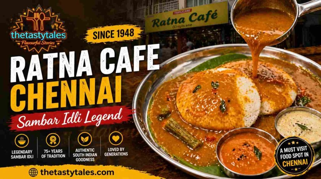 Ratna Cafe Chennai sambar idli featured image with The Tasty Tales logo and website thetastytales.com