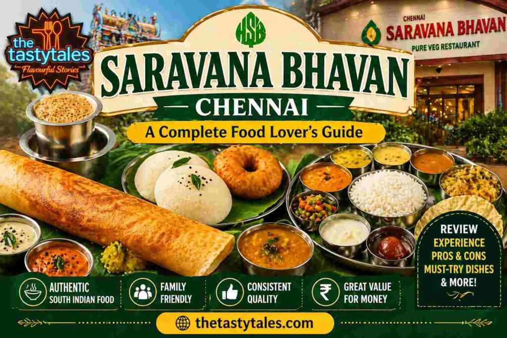 Saravana Bhavan Chennai featured image with dosa, idli vada, South Indian meals and The Tasty Tales logo