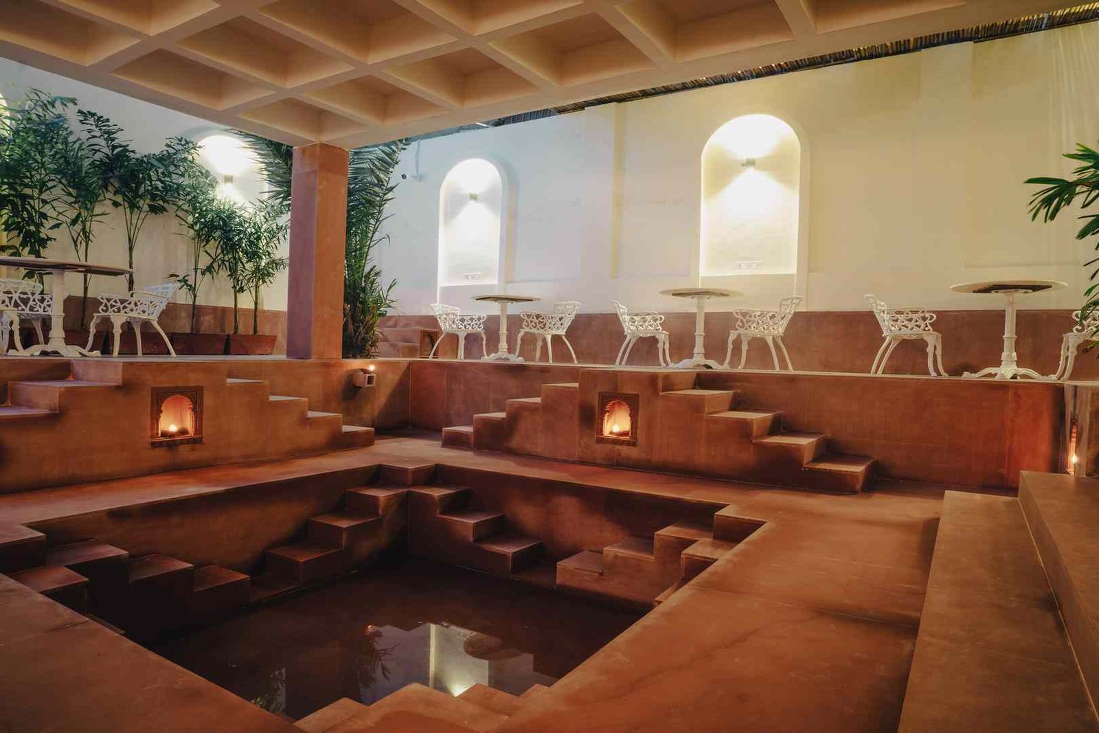 Interior of Stepwell Café Jaipur featuring traditional stepwell-inspired architecture and seating