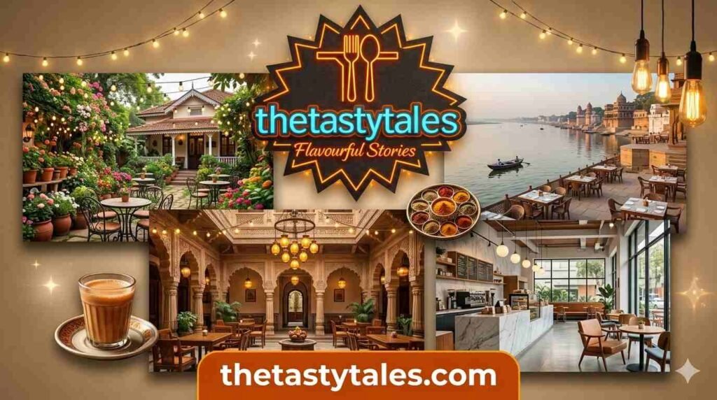 Featured image of Top Cafes in India 2026 with collage of aesthetic cafés, riverside dining, garden café, chai, and The Tasty Tales logo