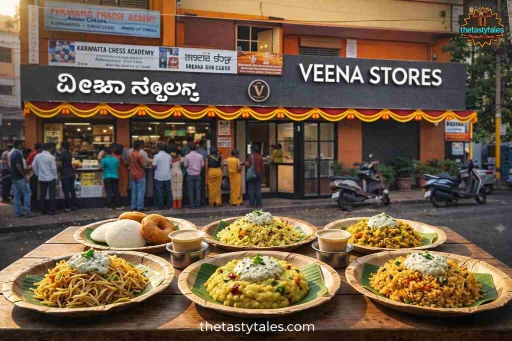 Veena Stores Malleswaram Bangalore with South Indian breakfast idli vada pongal khara bath served on banana leaf plates