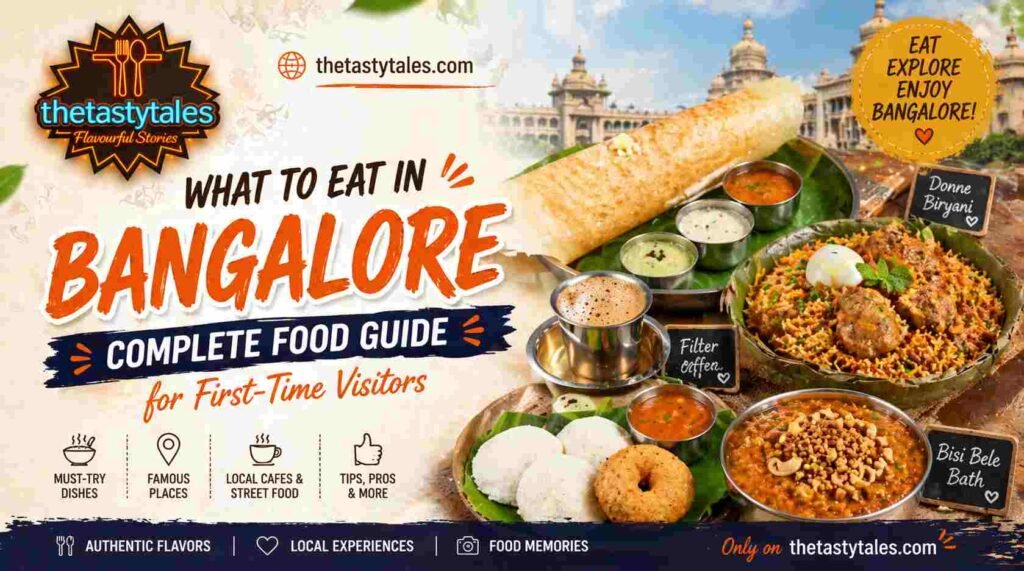What to eat in Bangalore food guide banner featuring dosa, donne biryani, idli, vada and filter coffee with thetastytales.com logo