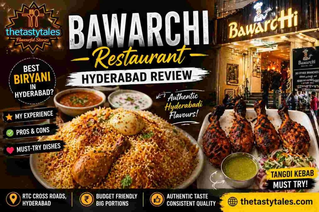 Bawarchi Restaurant Hyderabad review featured image with chicken biryani, tangdi kebab and thetastytales logo