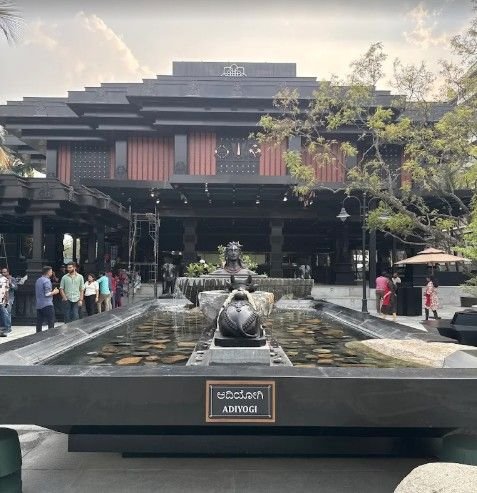 The Rameshwaram Cafe Bommasandra entrance with temple-style architecture and fountain statue in Bangalore