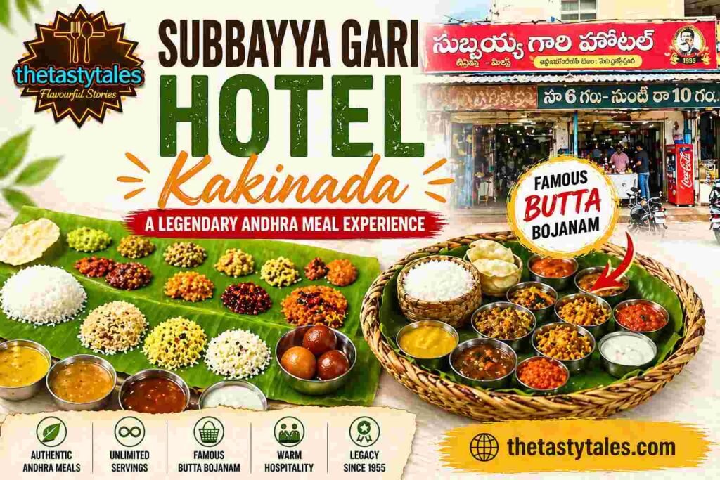 Subbayya Gari Hotel Kakinada featured image showing Andhra meals, Butta Bhojanam, and restaurant exterior with The Tasty Tales branding