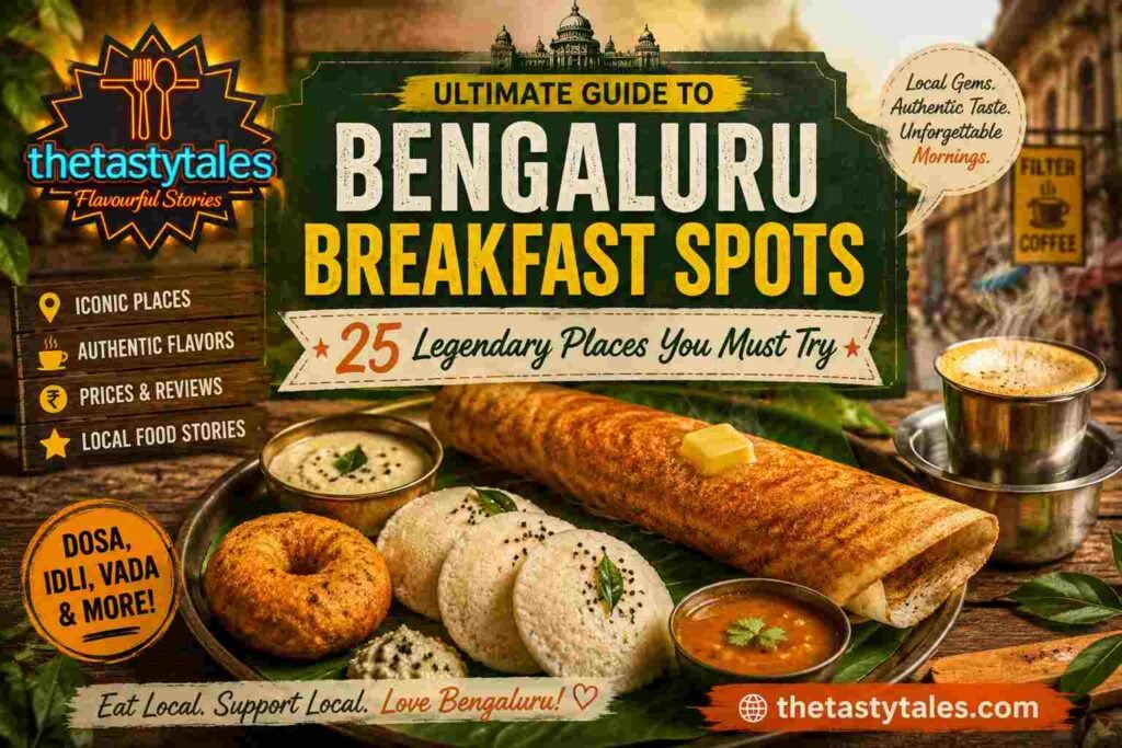 Featured image for “Ultimate Guide to Bengaluru Breakfast Spots – 25 Legendary Places You Must Try” showcasing crispy dosa, idli, vada, chutneys, and filter coffee with The Tasty Tales logo and website address.